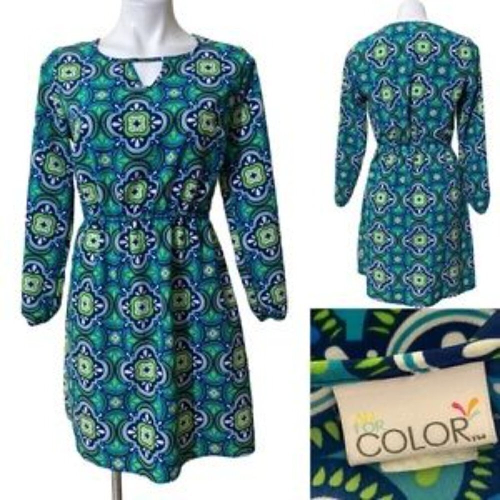 ALL FOR COLOR Green/Blue Pattern Dress